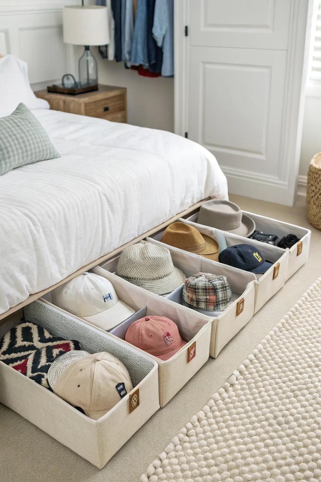 Under-bed hat storage.