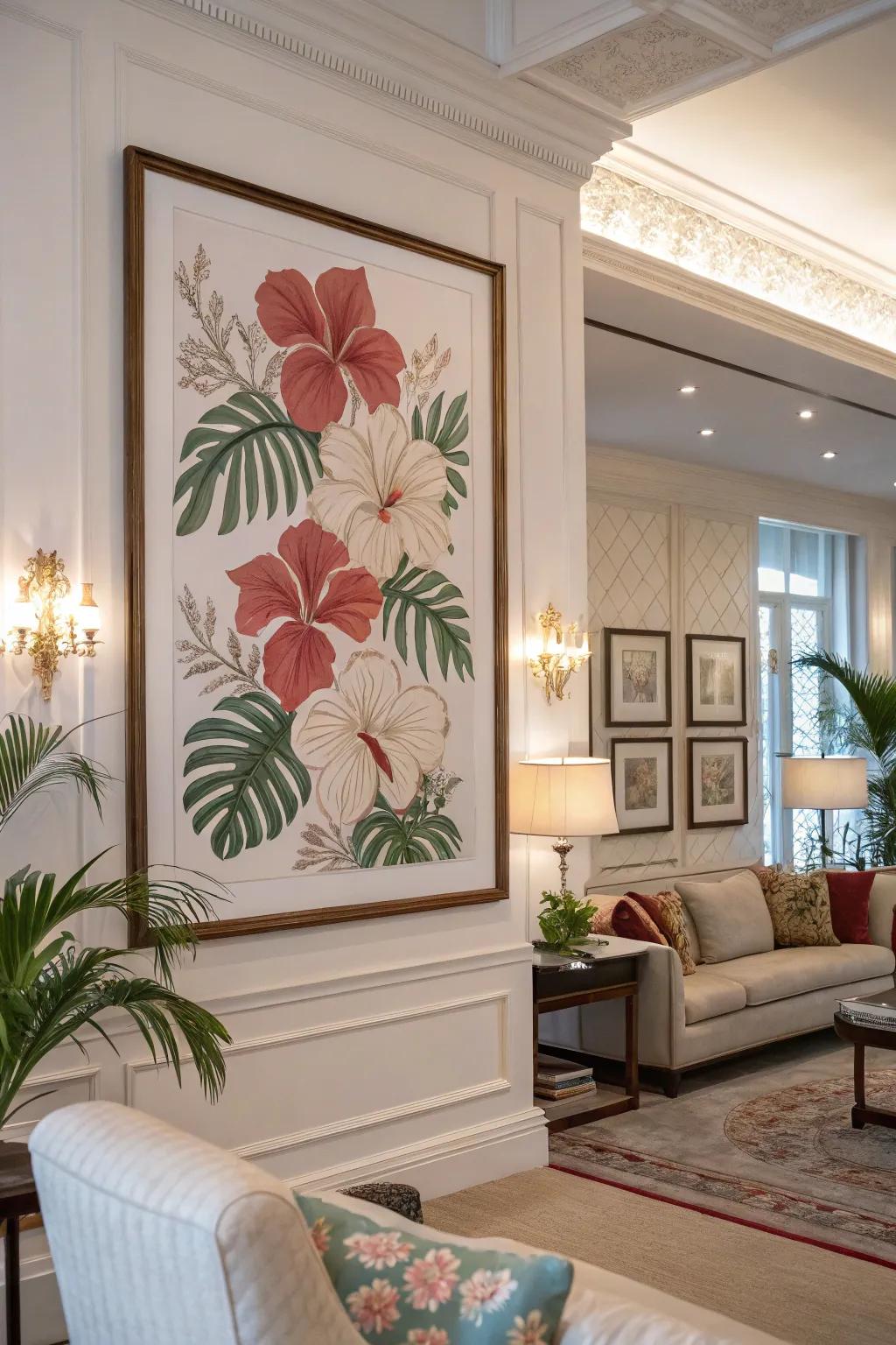 A print with hibiscus designs contributing elegance to a family room.