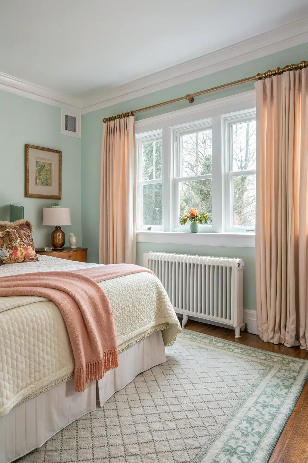 A serene bedroom equipped with liquid-thermal baseboard warmers for a quiet and cozy environment.