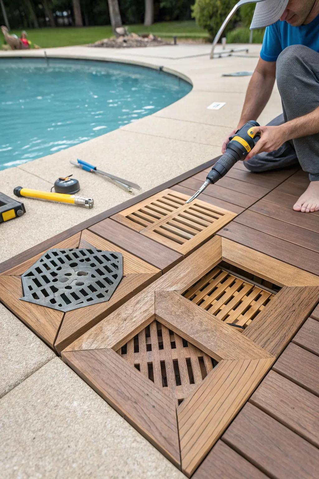 Self-crafted drain surfaces coordinate perfectly with the deck’s design.