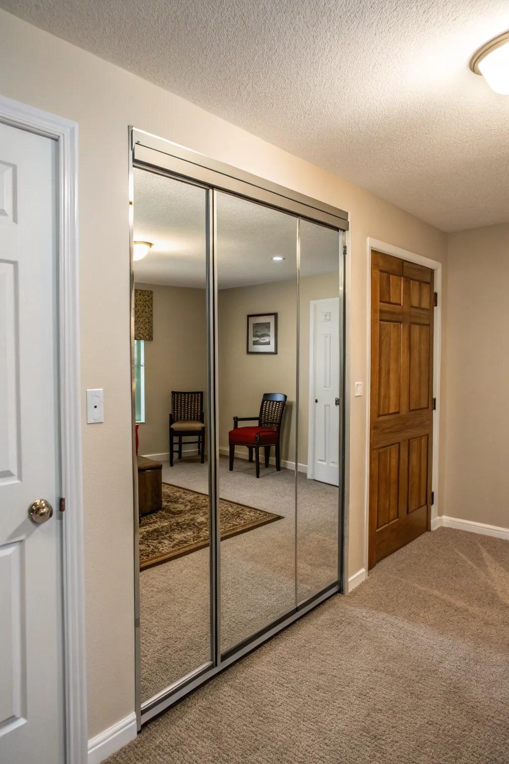 Mirror sliding doors create the illusion of more space and light.