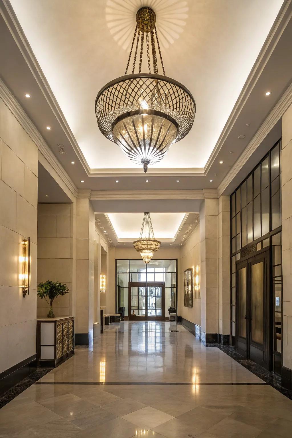 Artistic lighting fixtures create a striking visual statement.