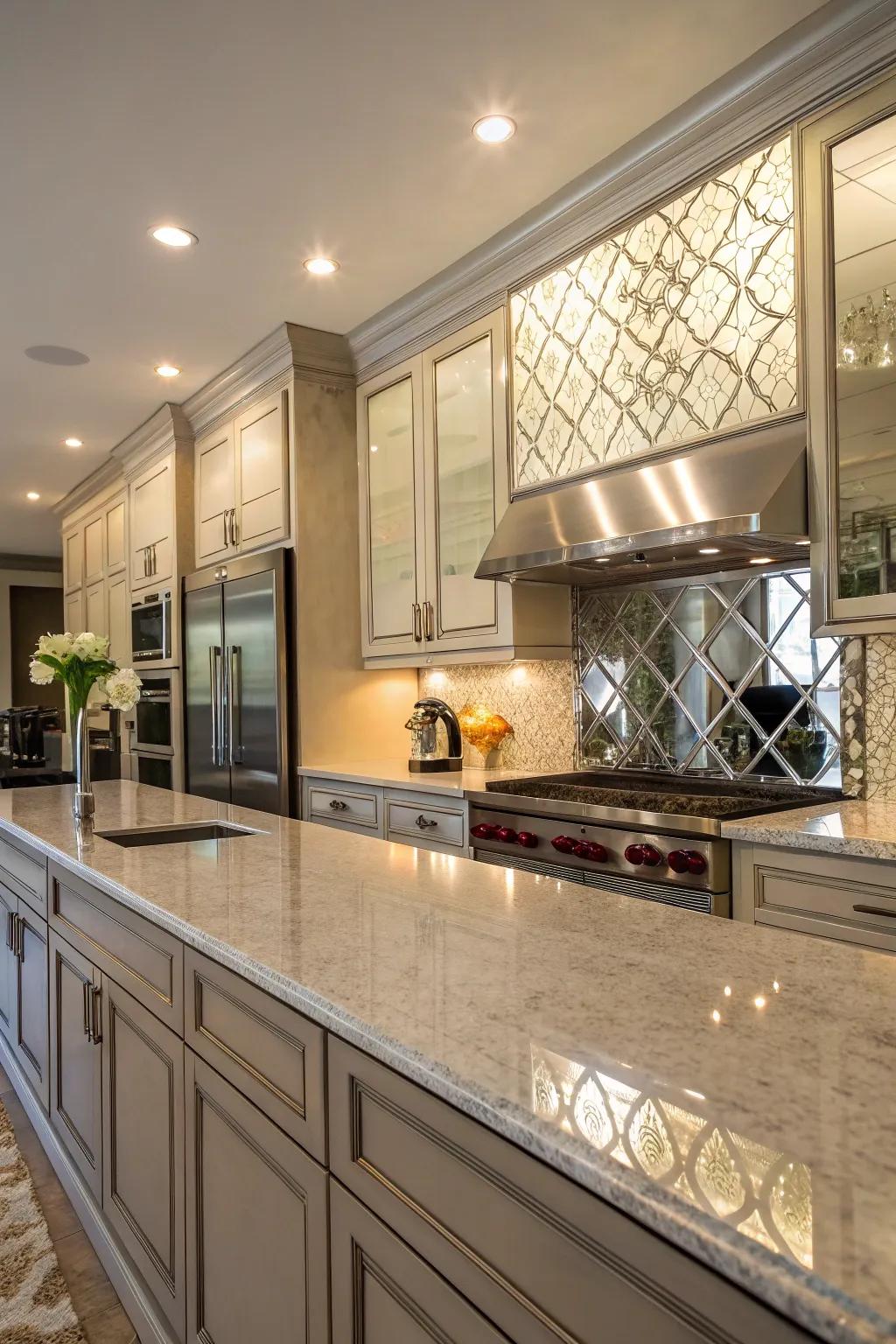 Mirrored backsplash enlivens with added light and space.