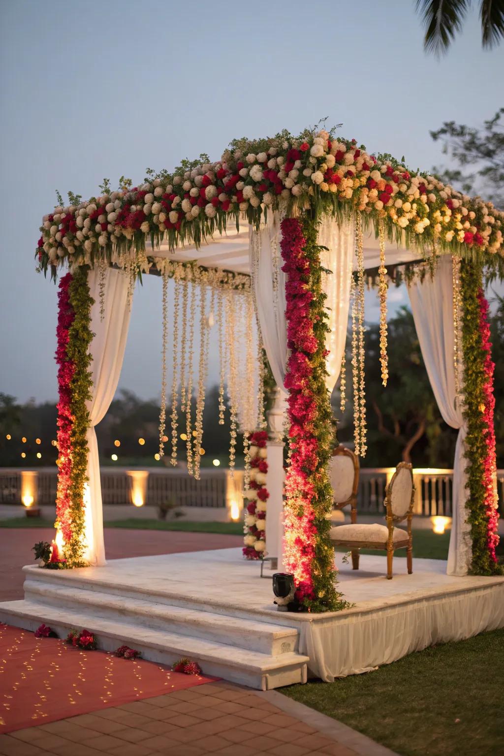 Suspended flowering strands introducing layers of beauty to the mandap.