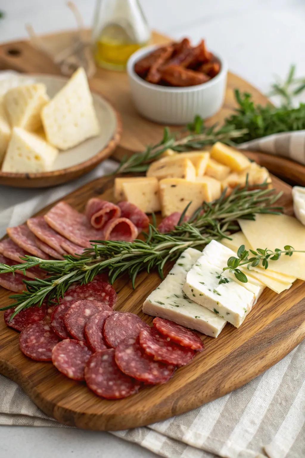 A charcuterie board with fragrant herbaceous accents.