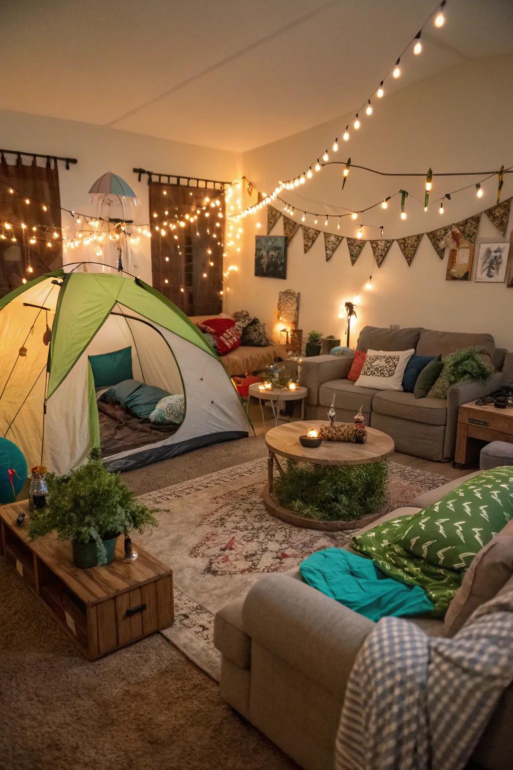 A whimsical interior camping arrangement that is ideal for an undertaking-themed celebration.