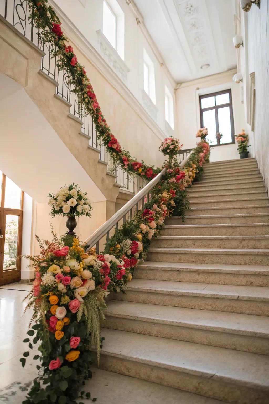 Blossom ropes transform staircases into festive focal points.