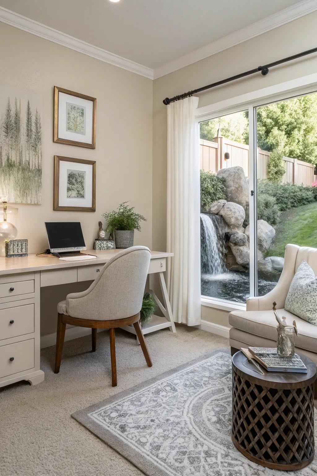 A zen workspace characterized by calming colors and minimal decor.