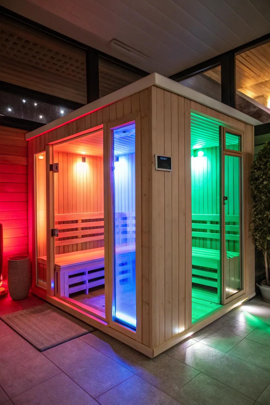 Color therapy radiance enhances a vibrant measure to this sauna experience.