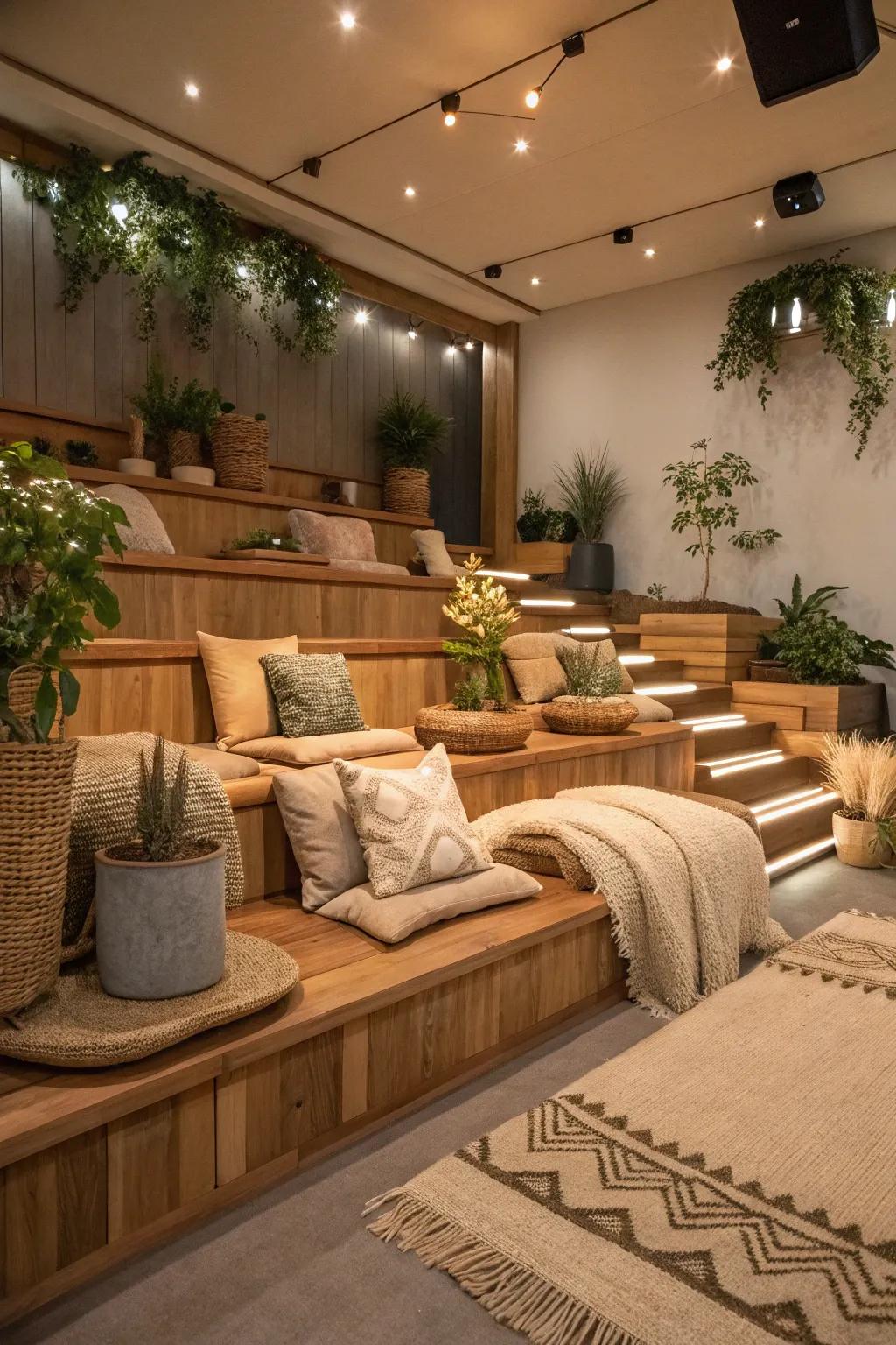 Natural wood risers enhance warmth and elegance.