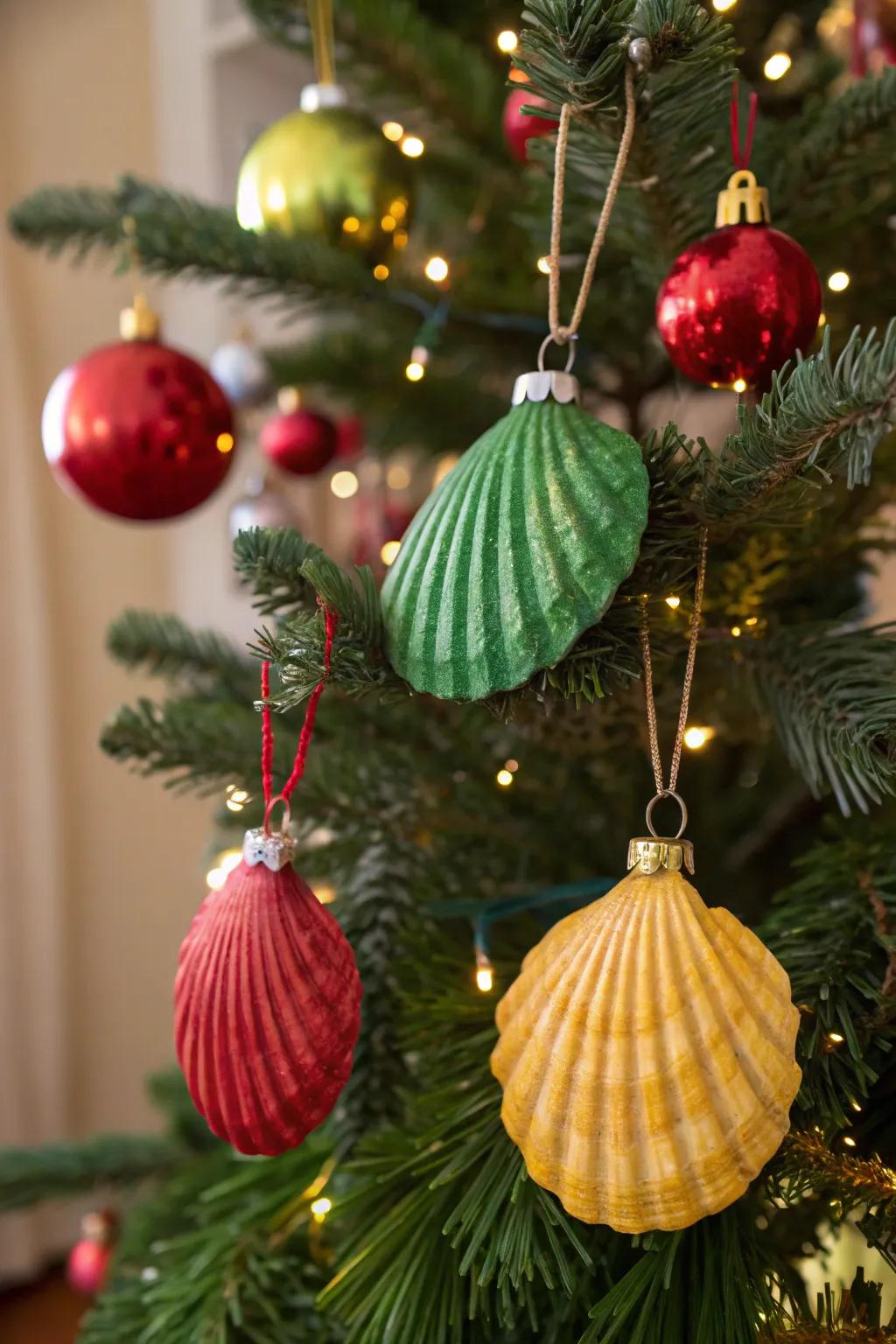 Painted shell ornaments bringing a coastal vibe to the holiday decor.