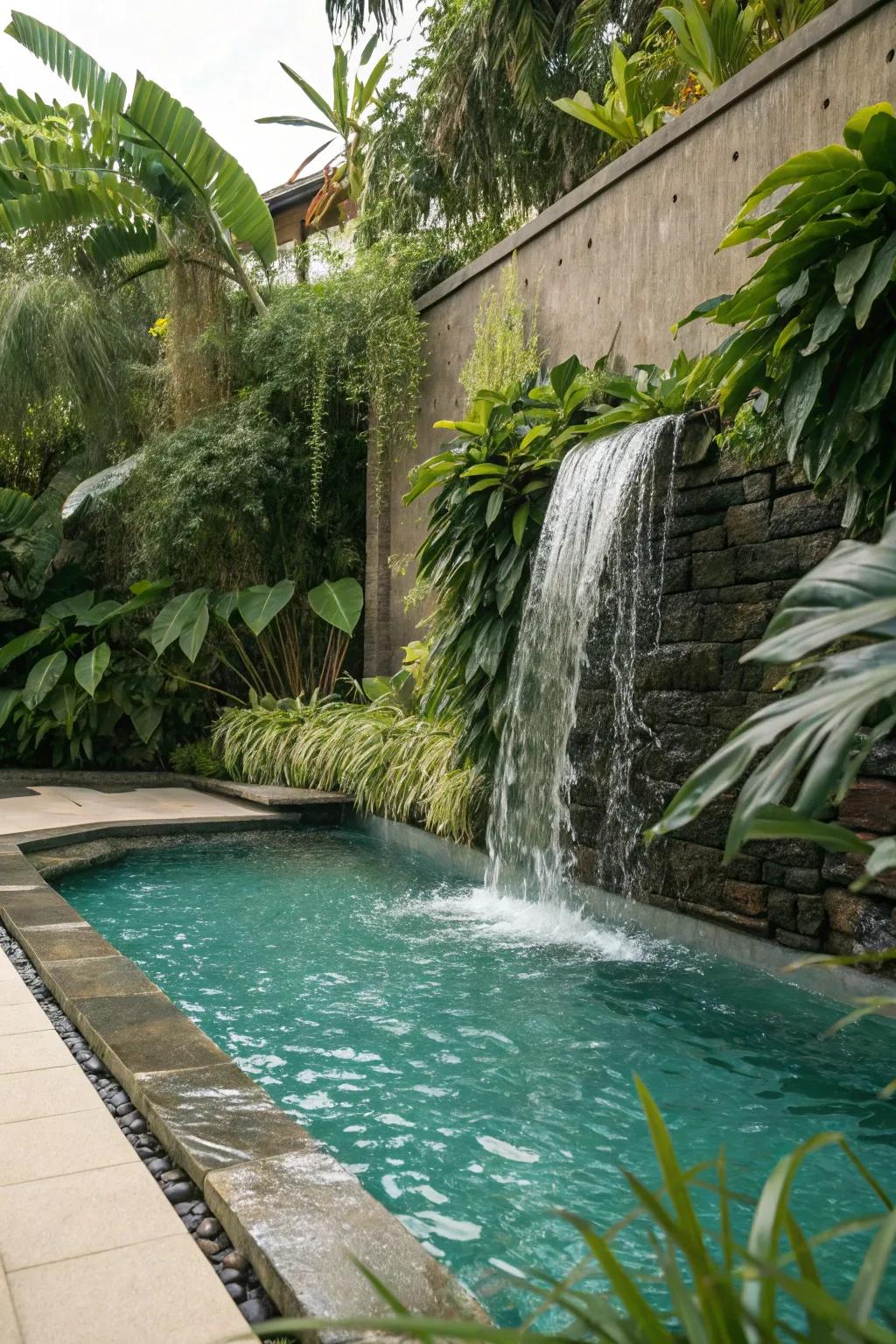 A pool featuring a cascading water feature for a soothing ambiance.