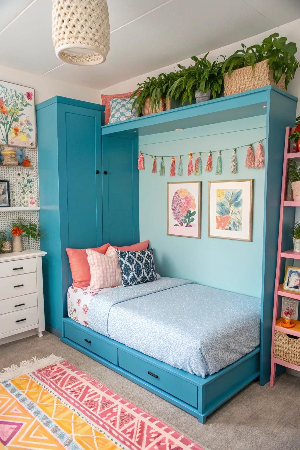 A bright room having a colorful hideaway bed, adding a lively touch to the space.