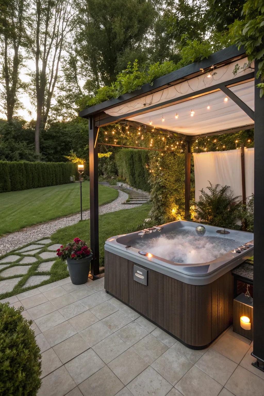 A pergola infuses elegance and shelter into the <strong><em>hot tub</em></strong> area.” loading=”lazy” class=”pimg”>
	</picture><figcaption>A pergola infuses elegance and shelter into the <strong><em>hot tub</em></strong> area.</figcaption></figure>
<p>A pergola encompassing your <strong><em>hot tub</em></strong> can proffer both refuge and a hint of refinement. In my projects, I’ve noticed that a pergola not only appears magnificent but also bestows a welcoming ambiance.</p>
<h3>A few helpful options:</h3>
<ul class=