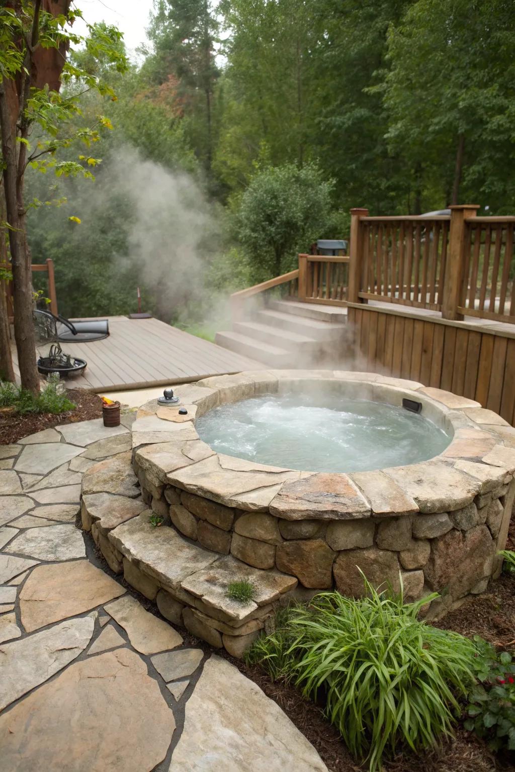 Create an earthy ambiance with natural stone around your hot tub.