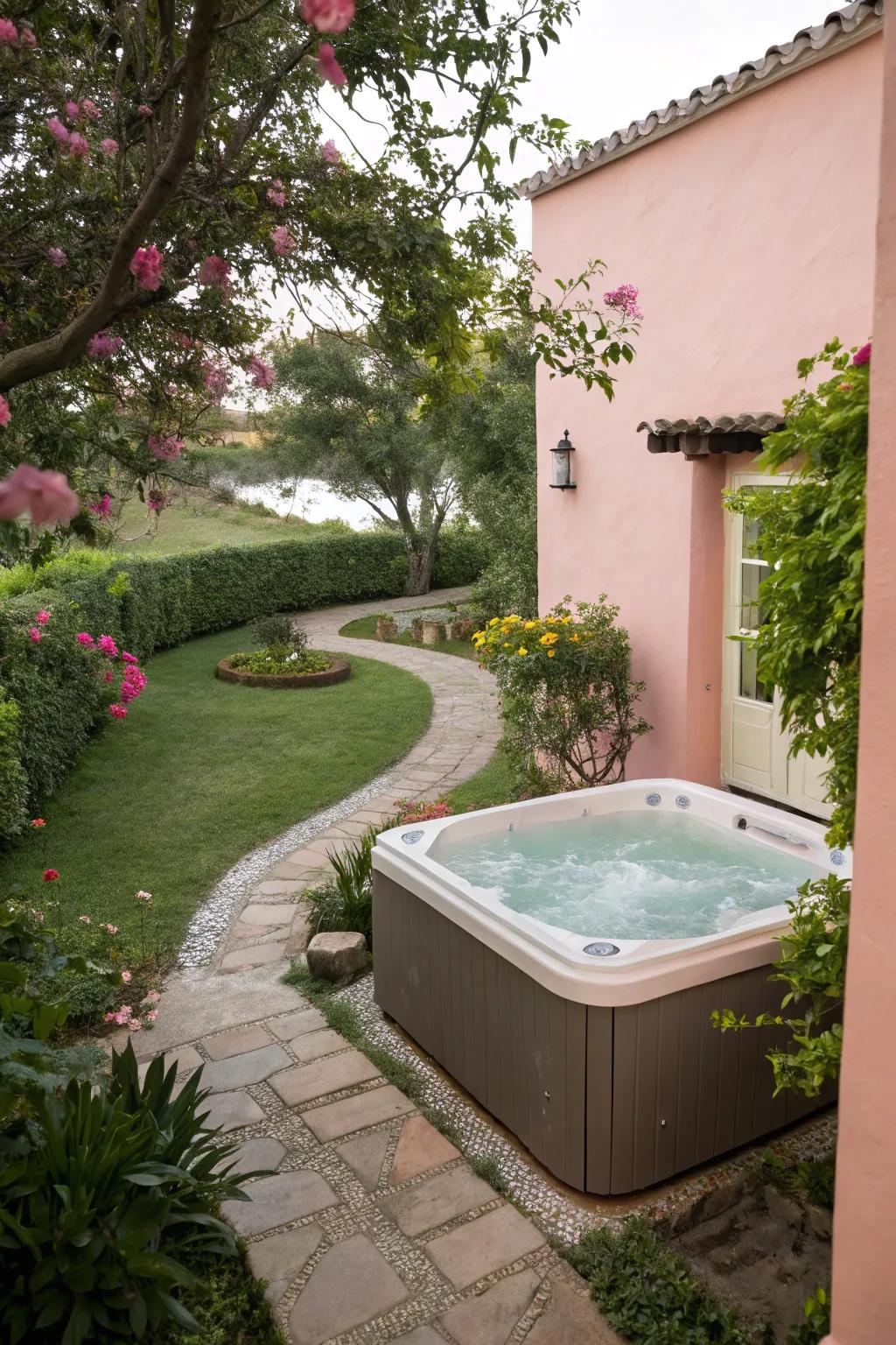 Soft colors create a serene and relaxing hot tub setting.