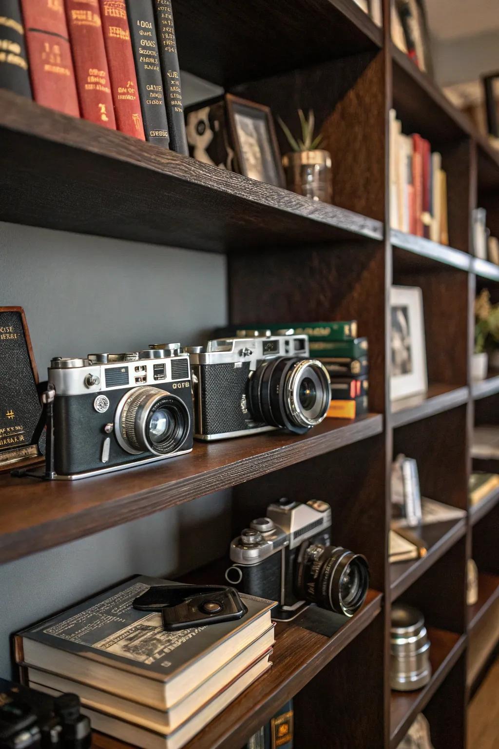 Bookshelf showcasing a compilation of vintage cameras.