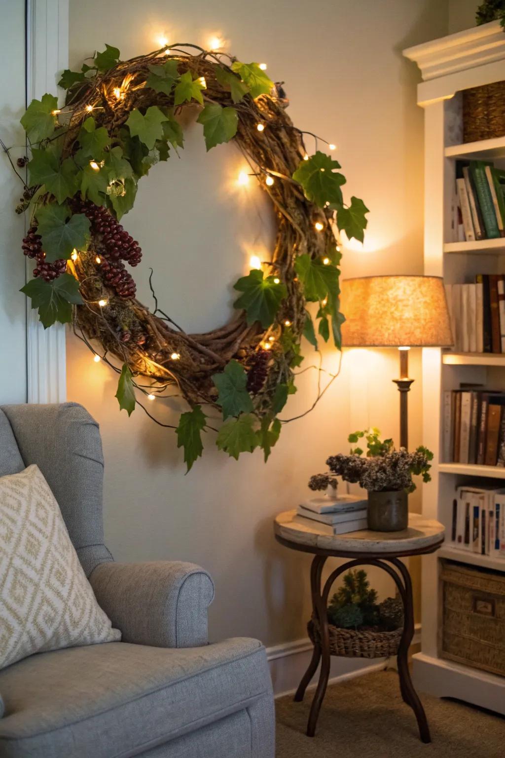 An enchanting wreath that illuminates the nighttime.