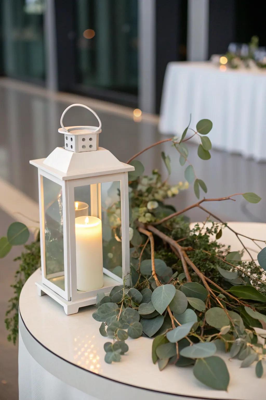 Elegant minimalist lantern showcasing fresh greenery.