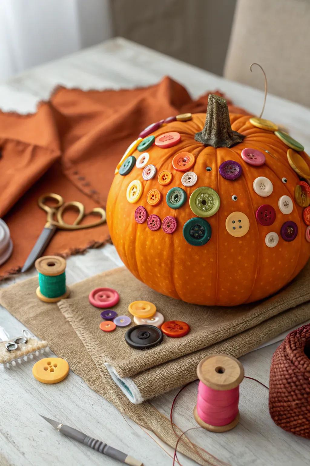 A pumpkin adorned with buttons, exemplifying imaginative craftsmanship.
