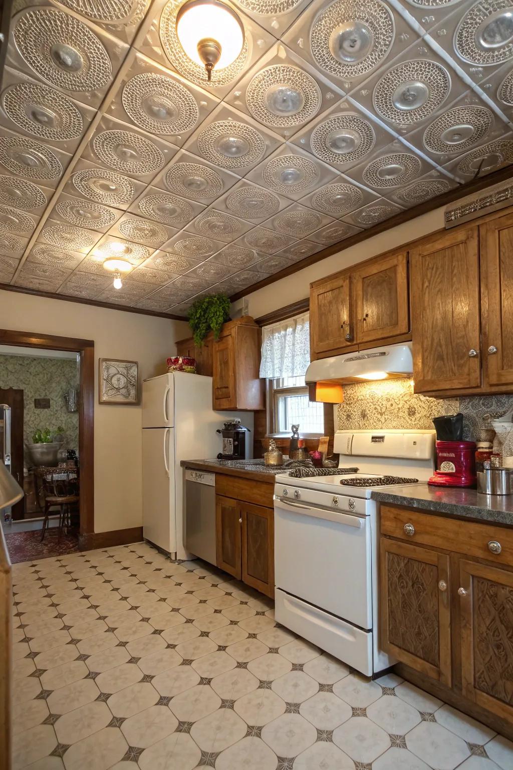 A vintage-style cooking area featuring ornate metal roof sections.
