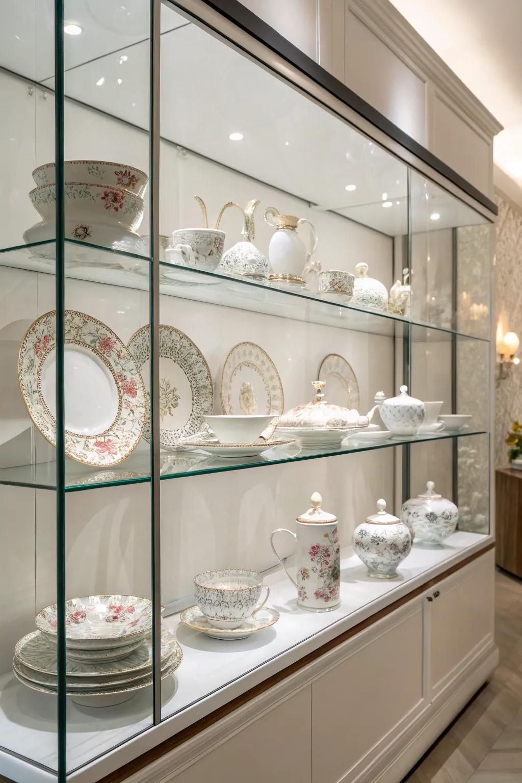 Contemporary transparent wall surface mounts elegantly displaying a selection of china.