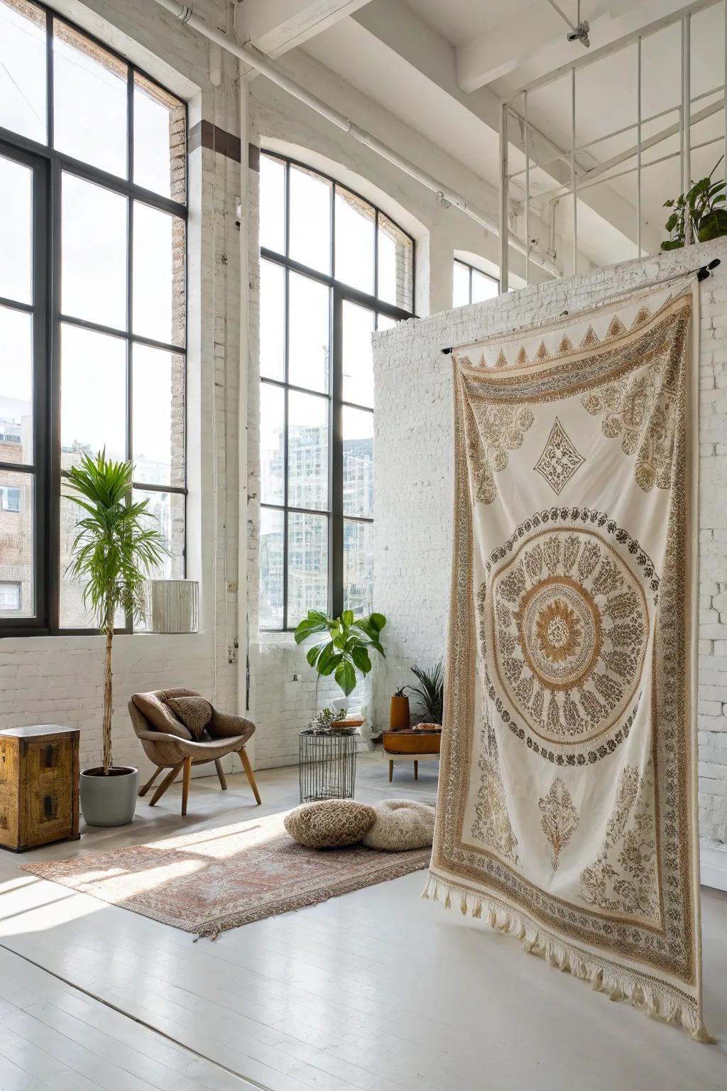 Textiles can imaginatively partition areas while heightening flair.