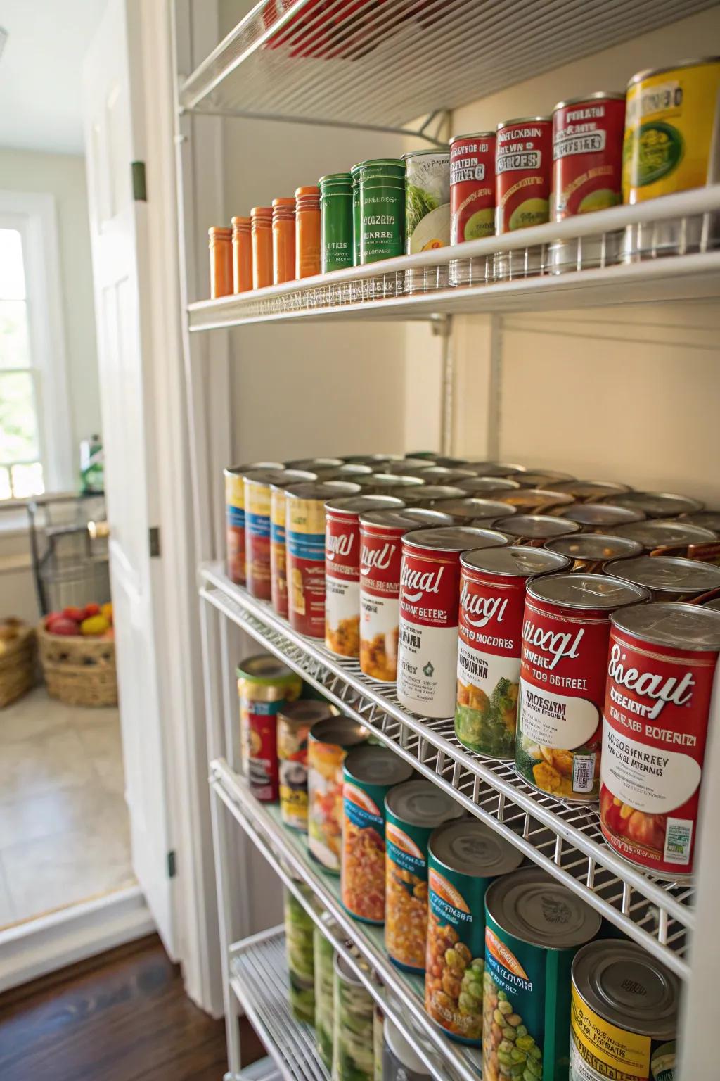 A canned goods rack efficiently organizes soup and vegetable cans.