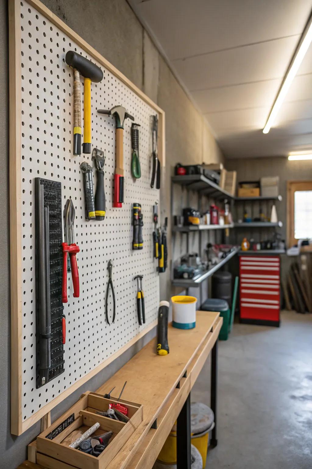 Pegboards transform walls into neatly arranged tool displays.