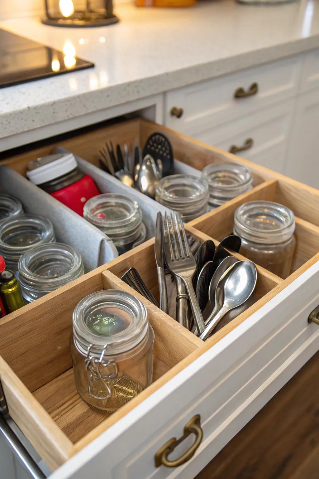 Glass jars used creatively for tool organization.
