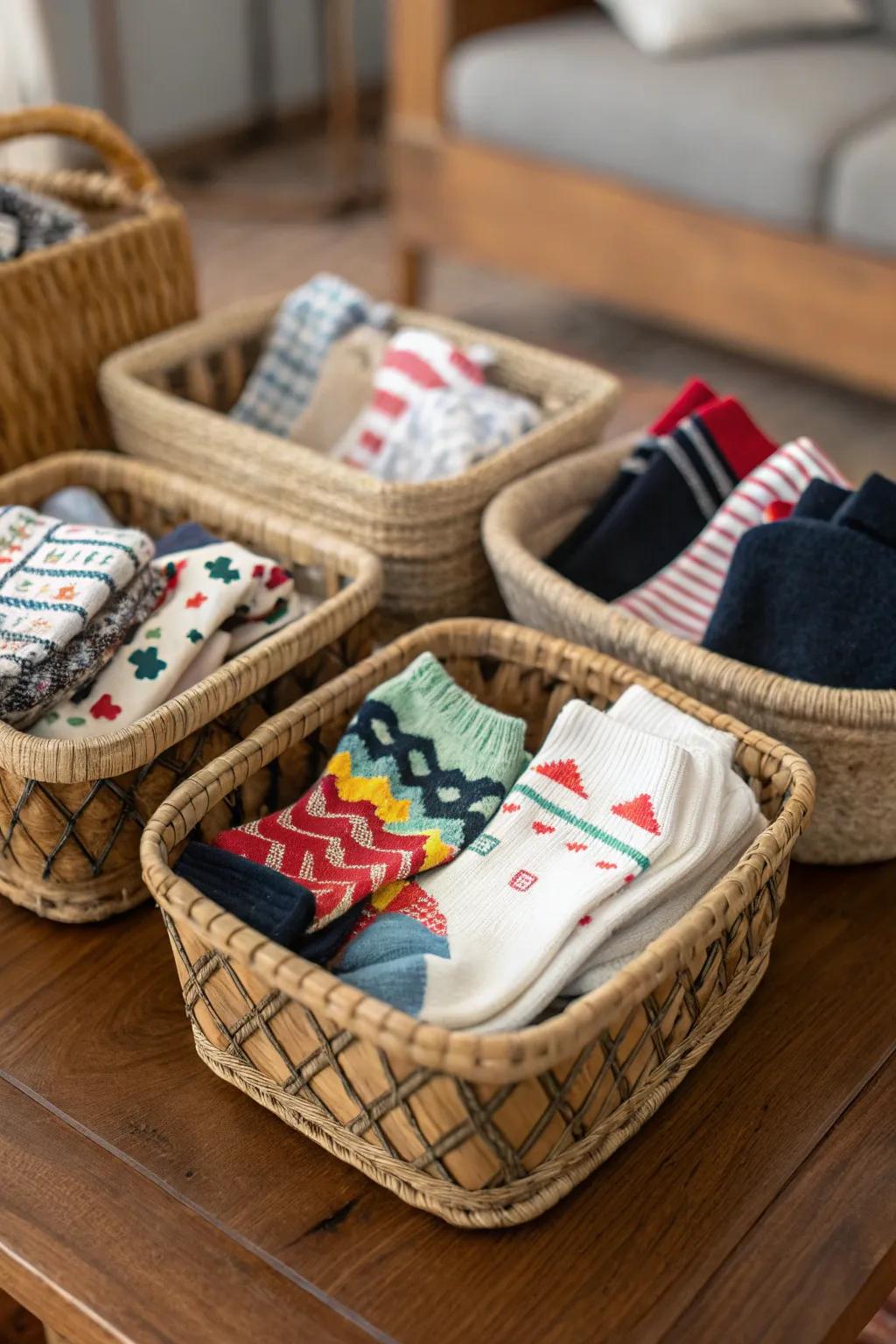 Small containers facilitate function-based sock drawer arrangement.