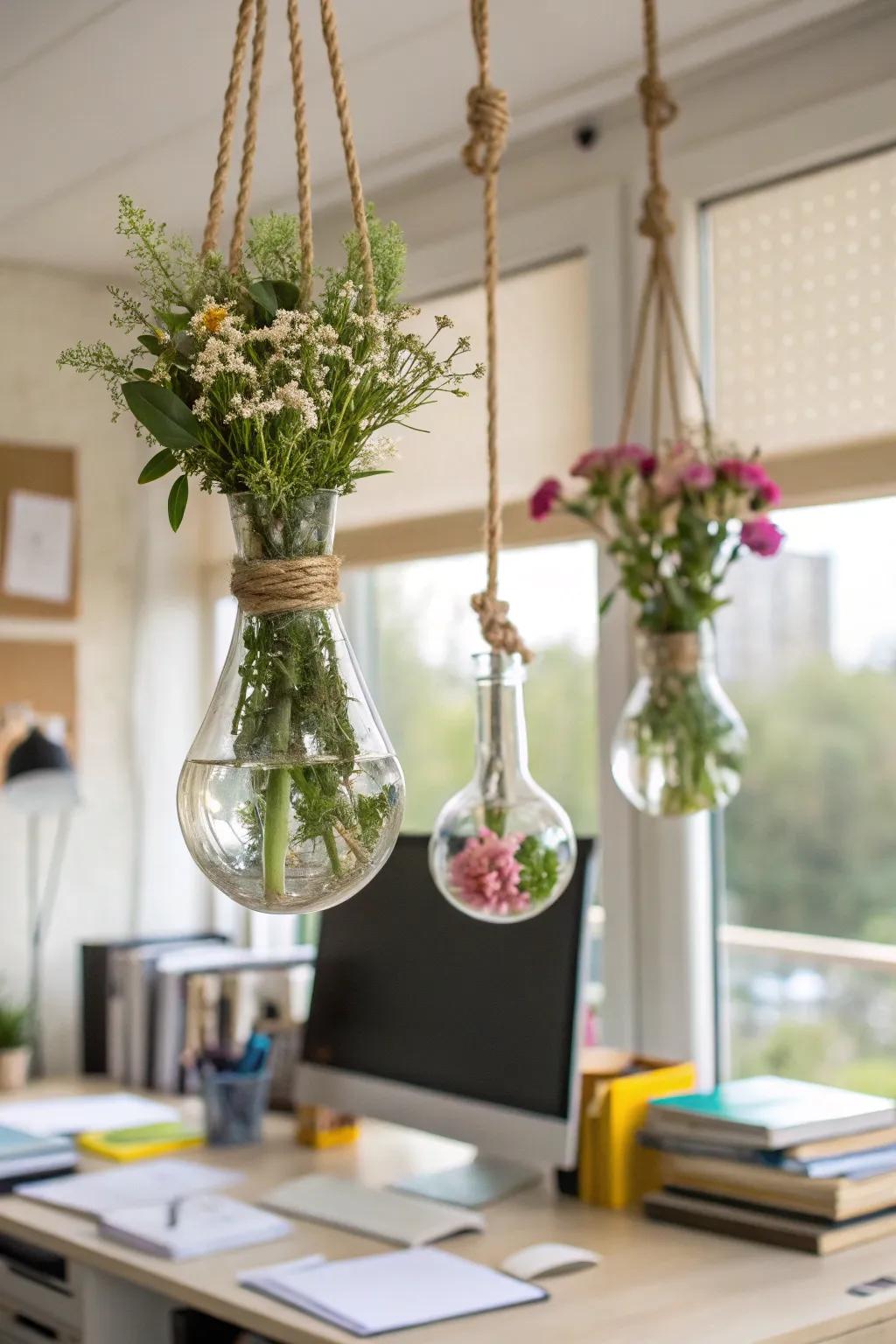 Suspended vessels fashioning a vertical garden impression within a study.