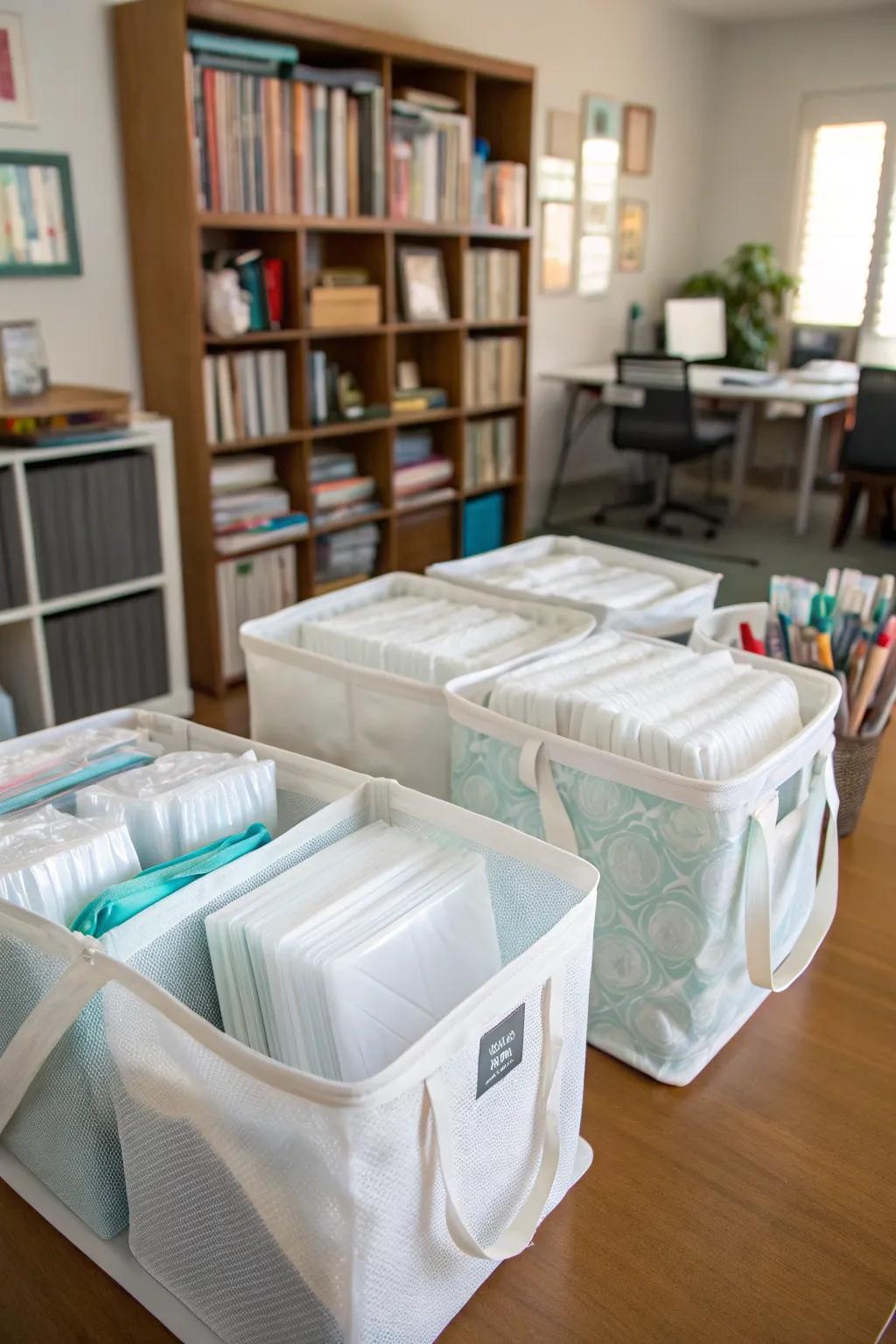 See-through pouches keep tissue paper neat and easy to identify.