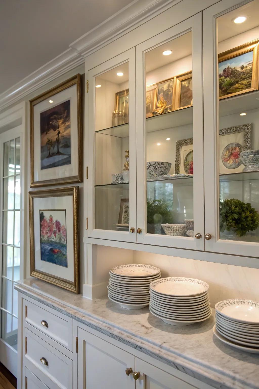 Artistic touches contributing creativity to the glass cabinets.