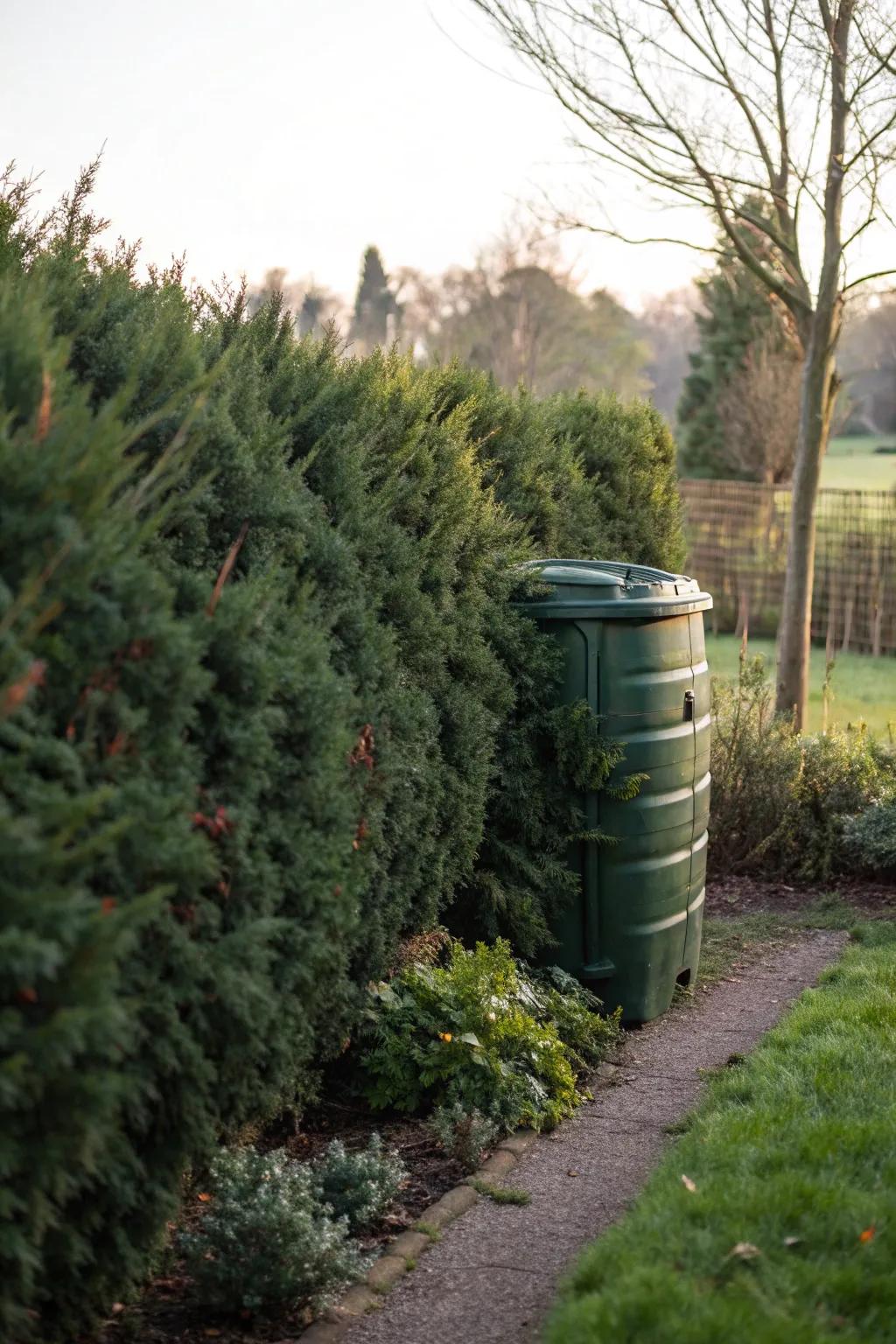 The lush evergreen bushes provide a clever disguise for a compost bin.