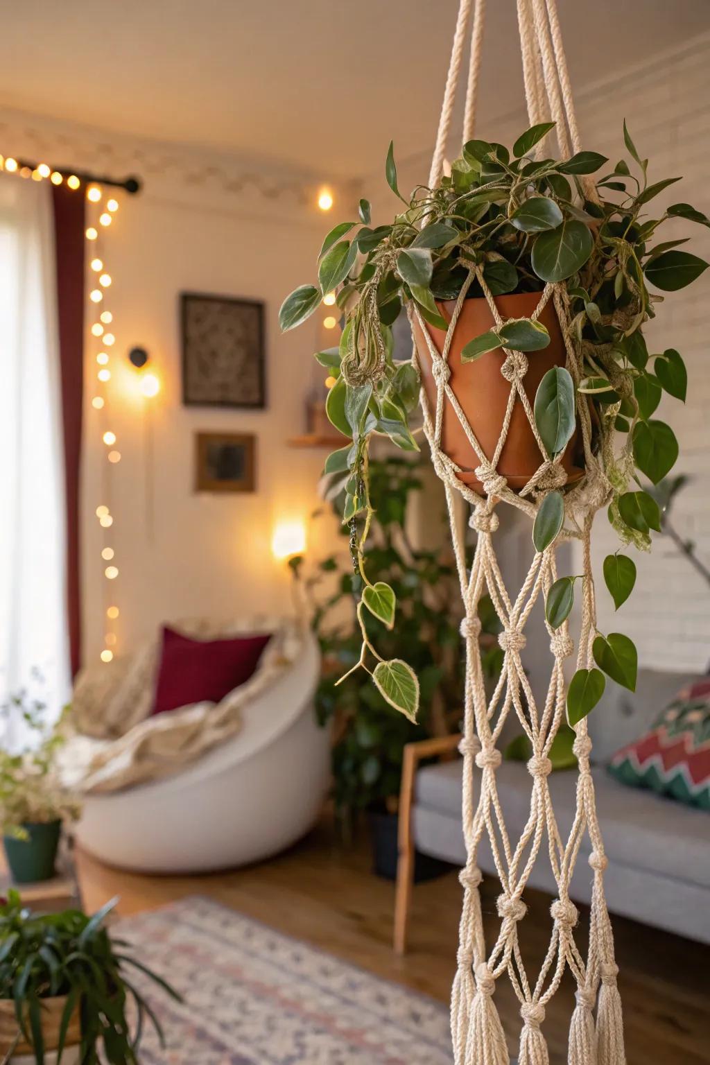 A bohemian-inspired home featuring a Hoya on a macramé climbing frame.