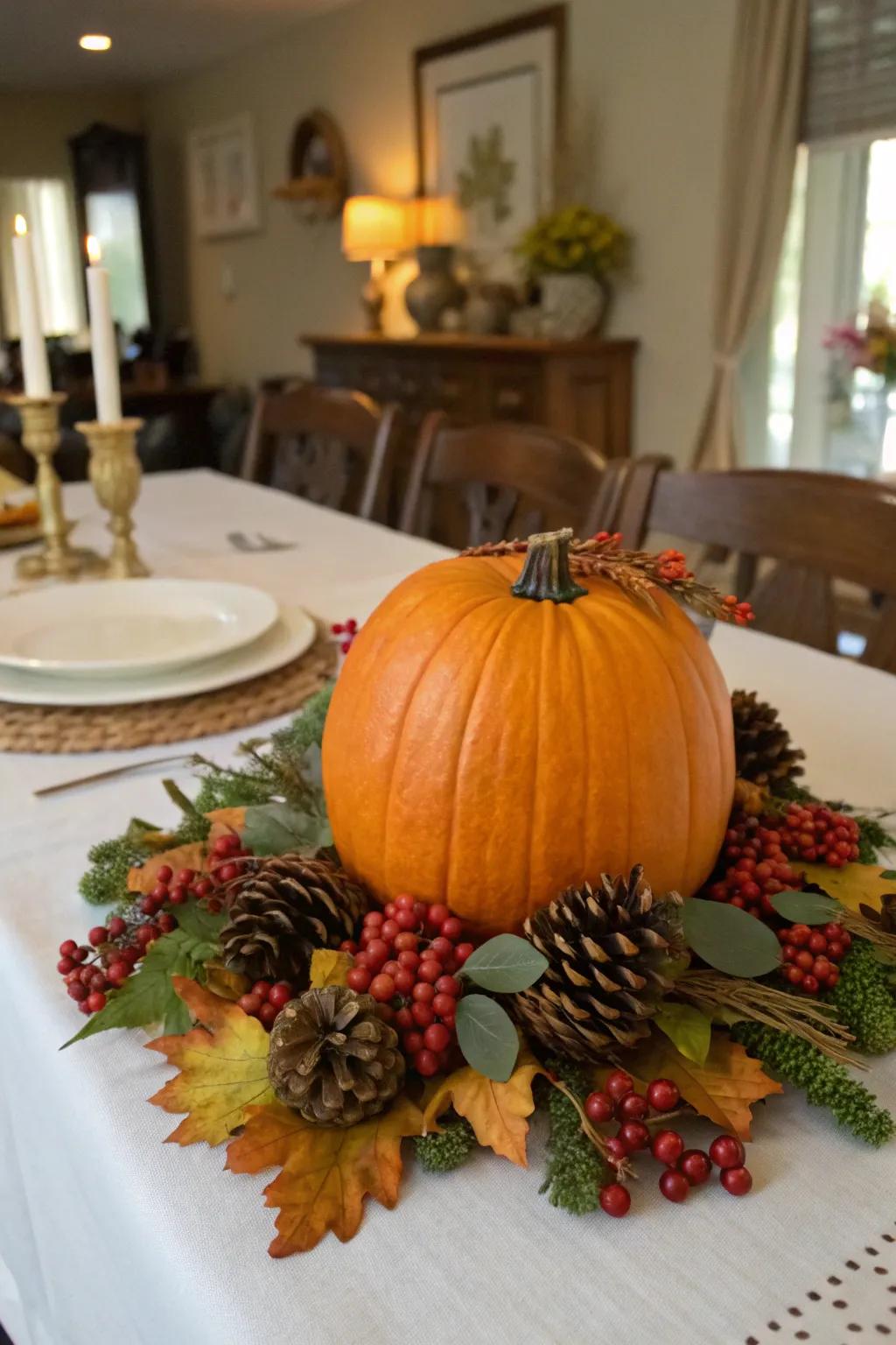 A nature-stimulated pumpkin arrangement appropriate for autumn centerpieces.