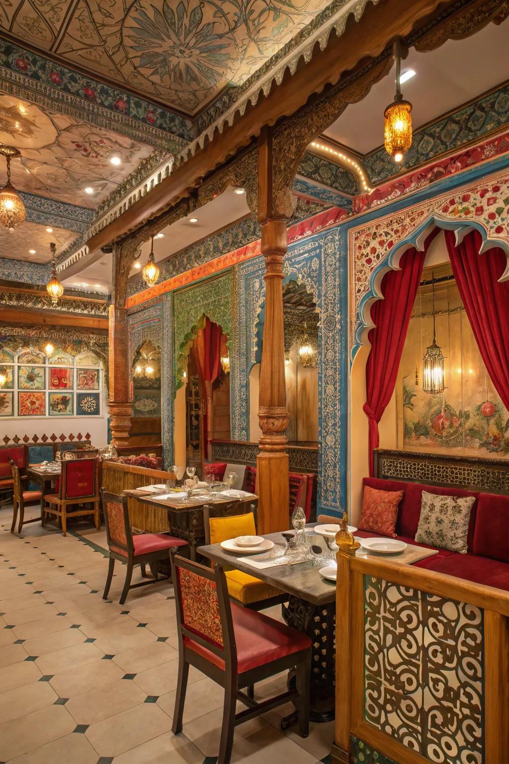 Cultural patterns integrated into the decor of an Indian restaurant.
