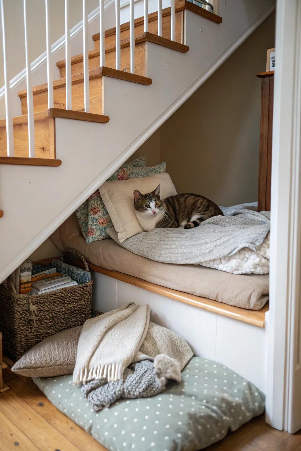 An ingenious beneath-stair recess for secretive cats.