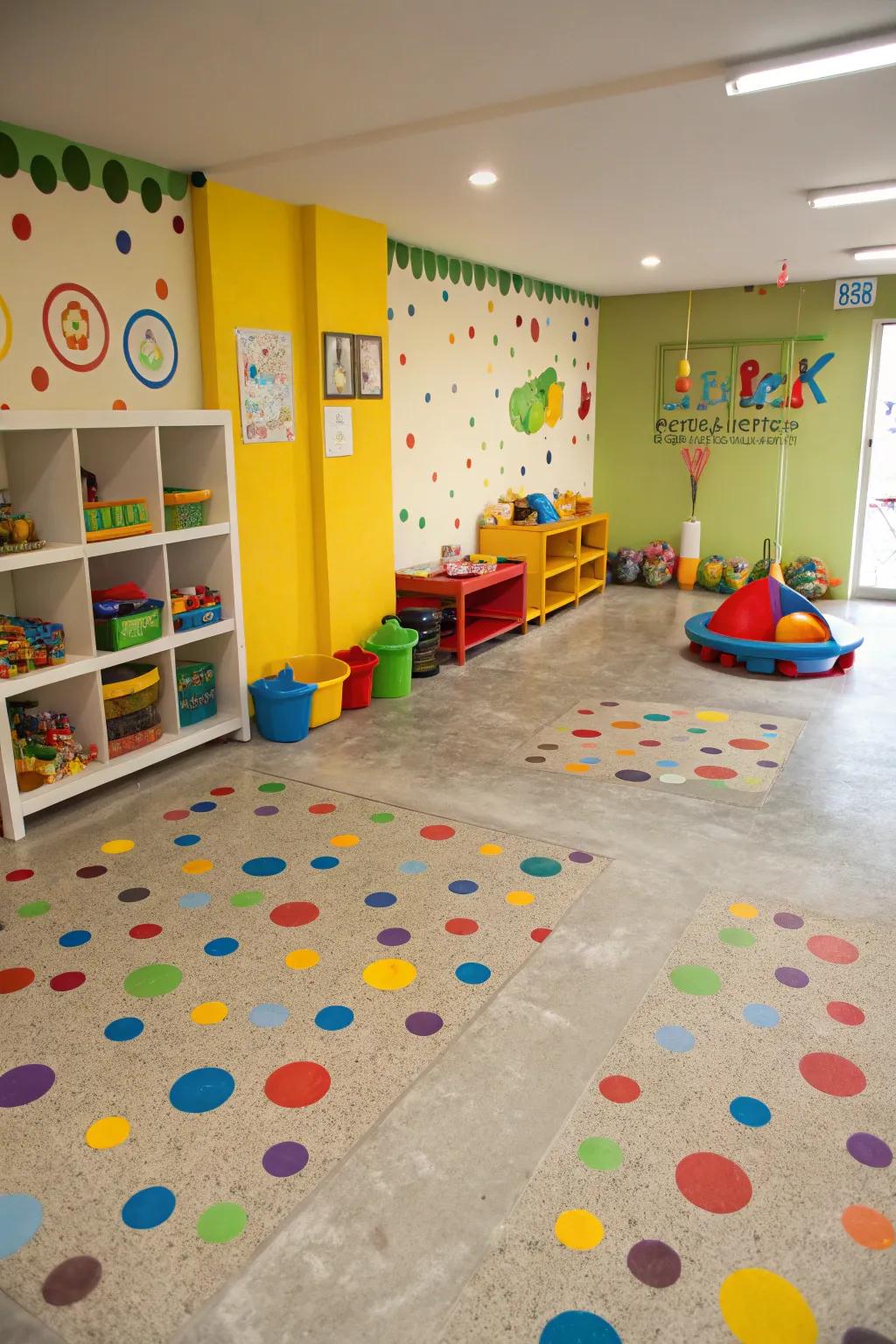 Whimsical spherical embellishments adorning a resin floor convey a cheerful vibe to this juvenile recreational chamber.
