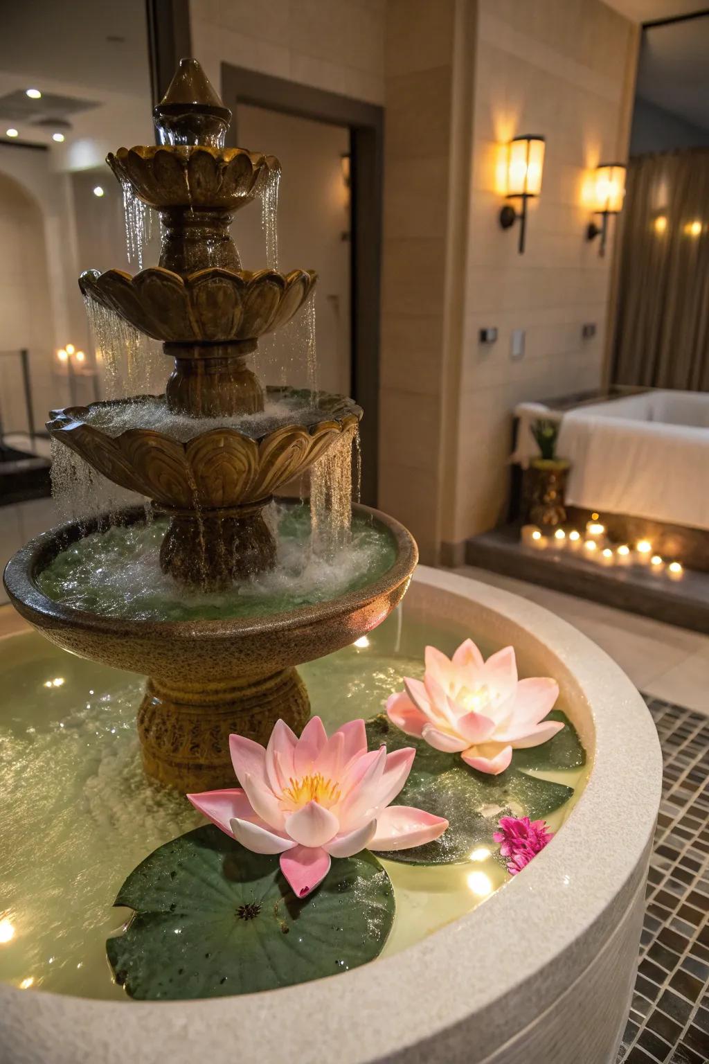 Drifting lotus fountains convey an exotic and comforting component.