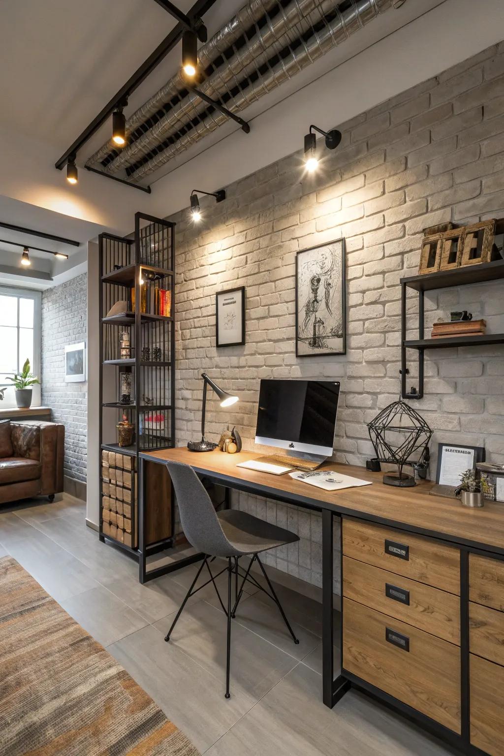 Modern industrial home office enhanced with LED retrofit lighting