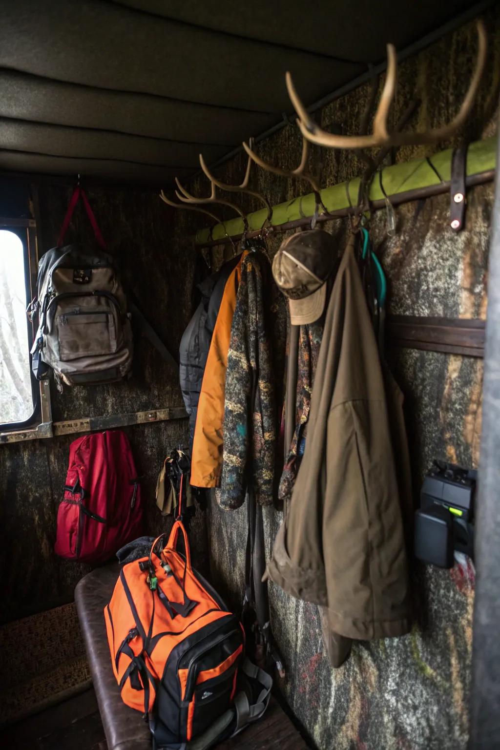 Hooks offer a practical solution for hanging gear and keeping the floor clear.