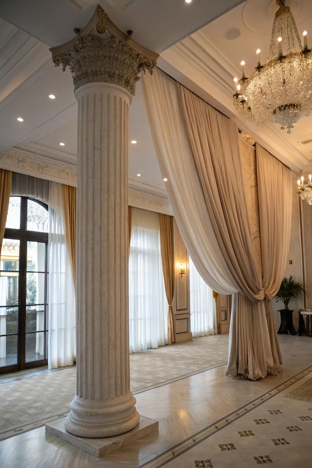 Curtains soften and frame columns.