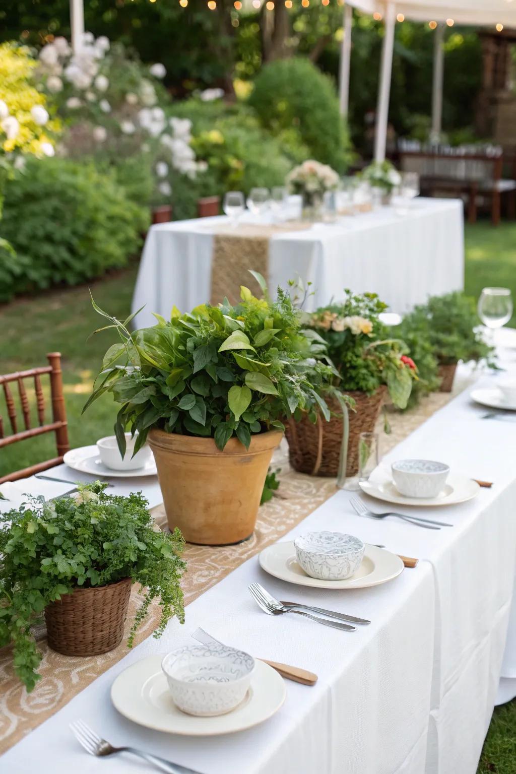 Eco-friendly potted plants serve as beautiful table centerpieces.