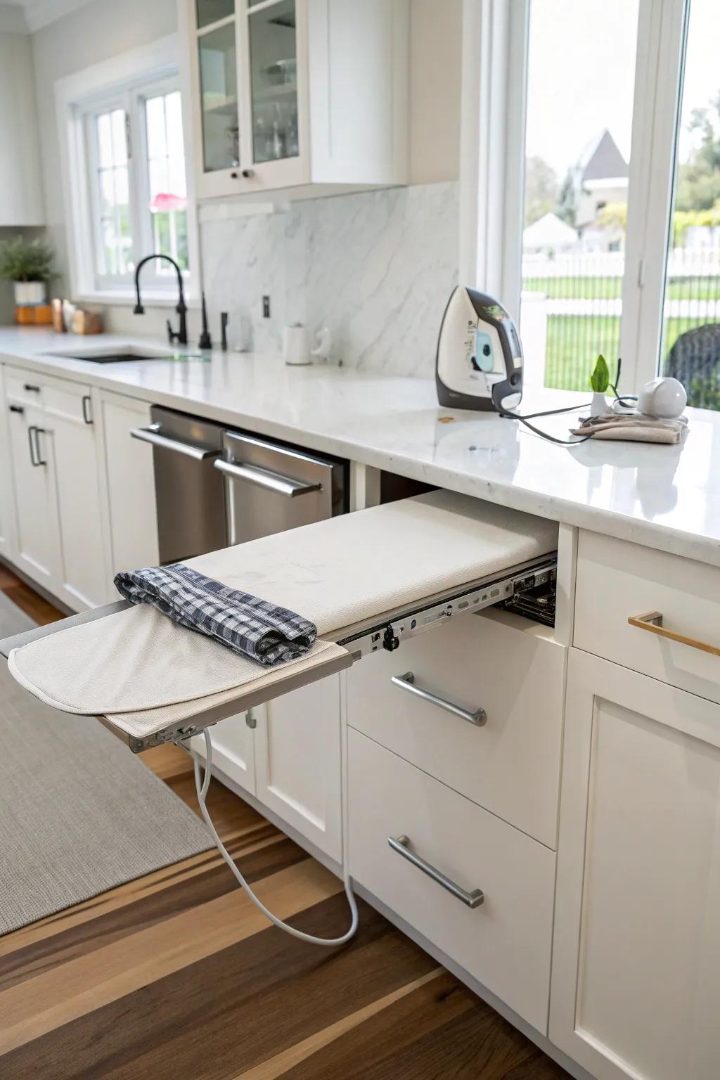 A slide-out drawer ironing surface features in a modern kitchen.