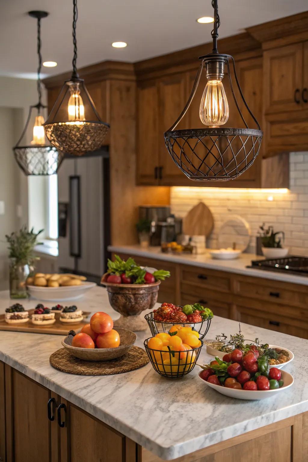 Hanging fixtures enriching the beauty and functionality of a bespoke kitchen island.