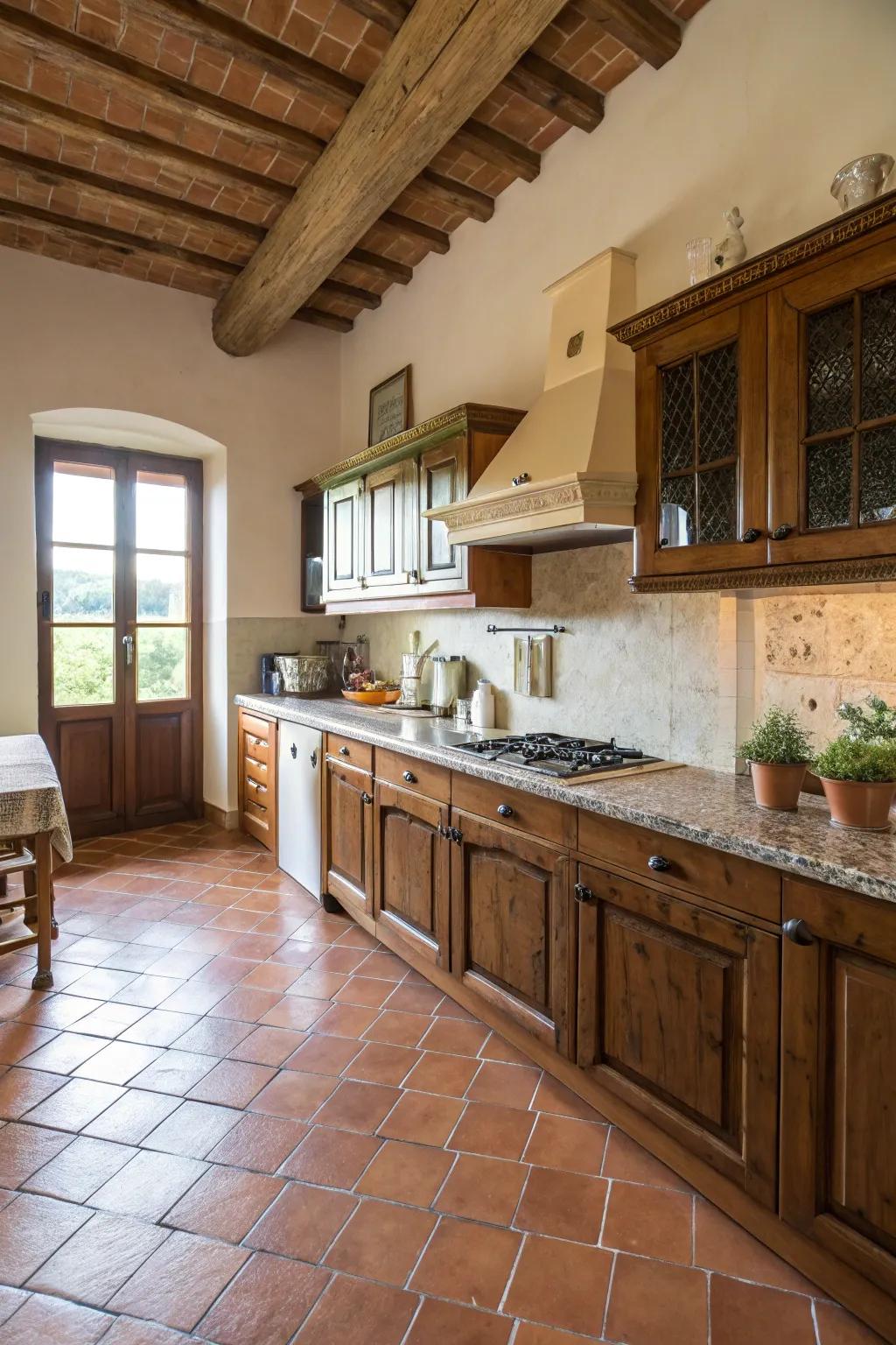Terracotta tiles offer a classic Italian touch to the floor.