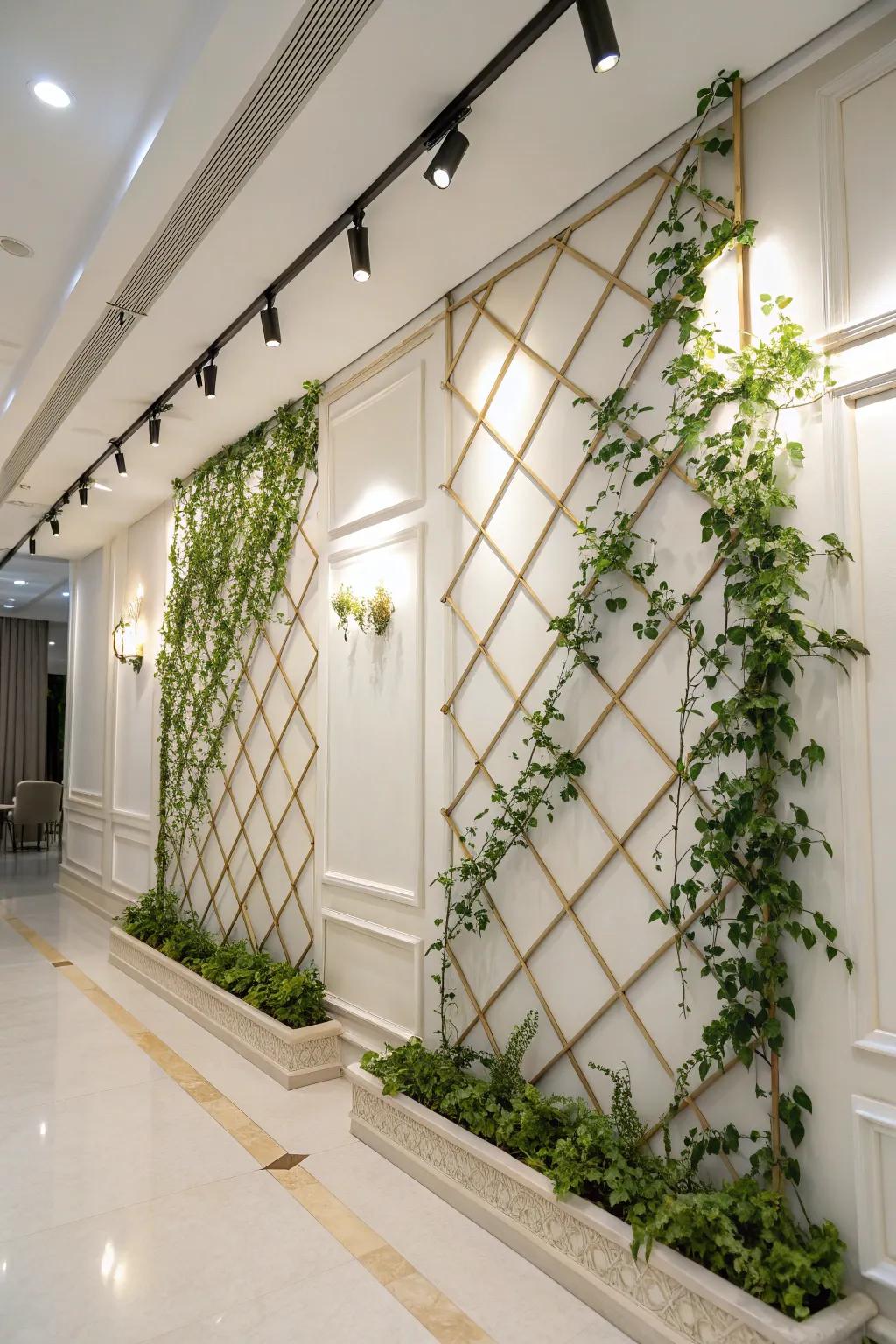 An indoor greenery climbing frame wall contributing structure and sophistication to the space.