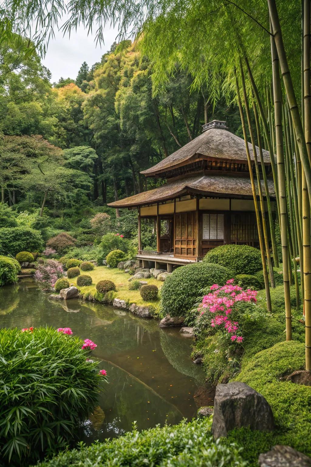 A charming tea house nestled within a Japanese garden.